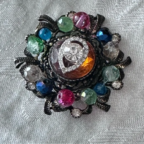 Collage beaded Brooch Handmade Repurposed Artisan Vibrant Crystal 0780 P - Picture 1 of 7